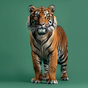 A Bengal tiger, part of the Felidae family of big cats and a carnivorous terrestrial animal, is gazing directly at the camera with its piercing eyes on a green background
