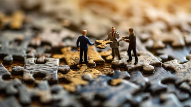 The miniature varies group of employed people that standing still on the uncompleted jigsaw board trying to work together to find the solution for the problem that they talking to each other. AIGX03.