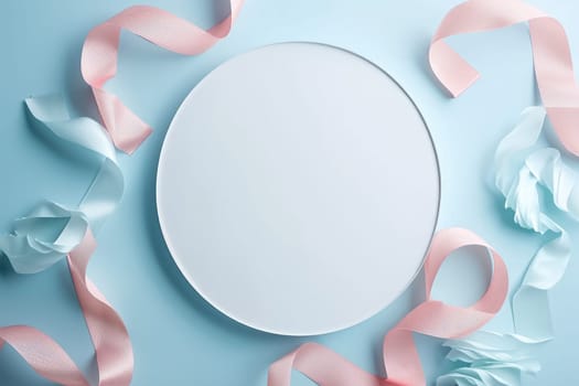A front view of the isolated plate that has been placed on blue background that decorated with the pastel ribbon that can be compile to the things like the celebration, festival or ceremony. AIGX03.