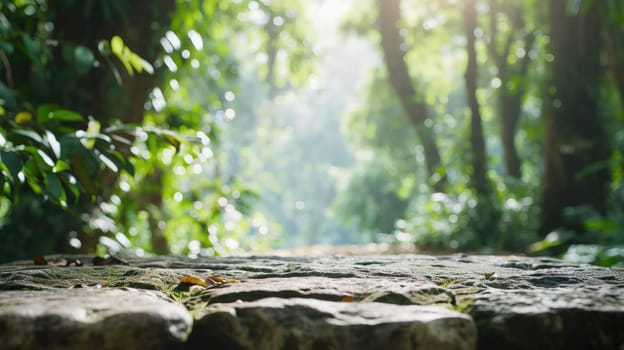 The focused picture of the stone object that surrounded by an uncountable amount of tree in the middle of the forest under the bright light from the bright sun in the daytime of the summer. AIGX03.