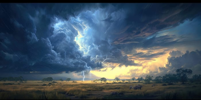 A vivid artwork of an African savannah scene, where the tranquility of a sunset is contrasted with the powerful drama of an approaching thunderstorm. Resplendent.