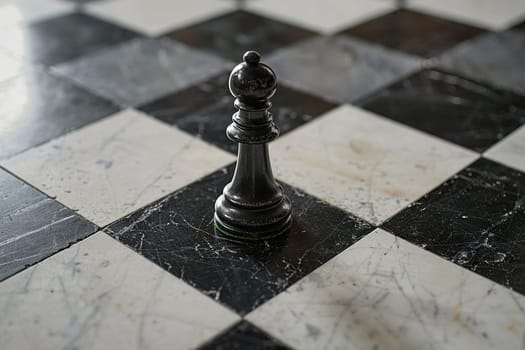 Image of a black pawn on a chessboard. The concept of a leading or trailing person in a game or real life.