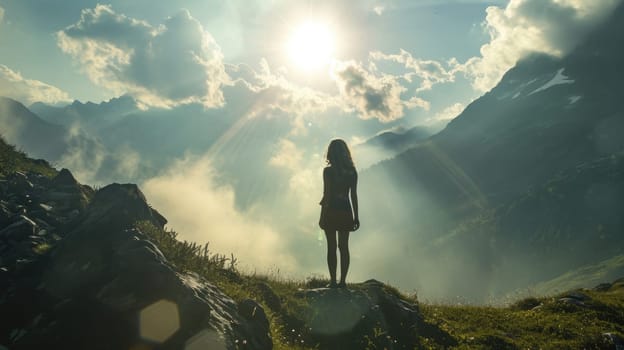 The picture of the young or adult female human doing the standing pose for relaxation or meditating the mind in the middle of the nature under bright sun in the daytime of a dawn or dusk day. AIGX03.