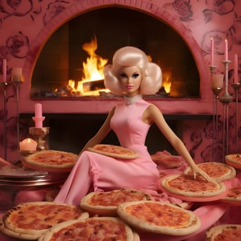 Young with long brown hair Barbie in front of a lot of pizzas, in pink room. Fire in background.