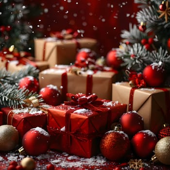 A variety of holiday ornaments and decorations, including Christmas presents, are nestled under a beautifully decorated Christmas tree with twinkling lights