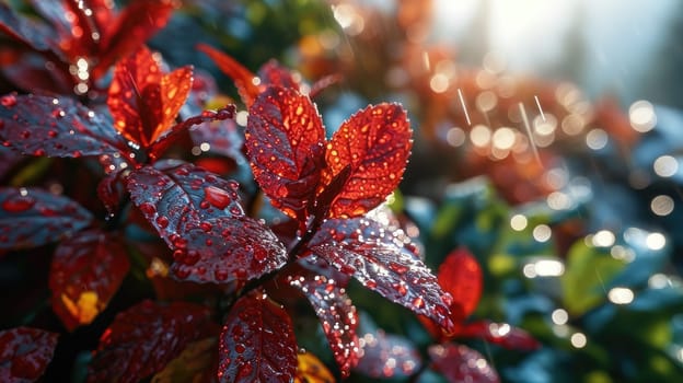 The picture of nature that focused to the red leaf from tree in the forrest that stay on ground and got illuminated with the bright light of sunlight in the summer or spring time of the year. AIGX03.