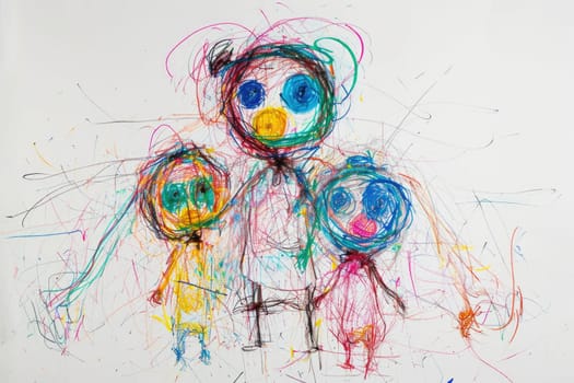 The hand drawing colourful picture of the group of the human family that has been drawn by the colored pencil, crayon or color chalk on the white background that seem to be drawn by the child. AIGX01.