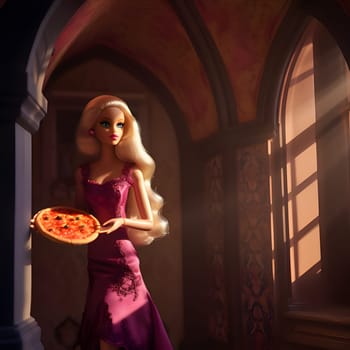 Young with long brown hair Barbie with pizza in her hand, house background.Elegant girl.