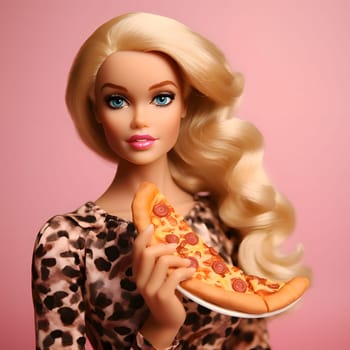 Young with long brown hair Barbie with pizza in her hand, pink background.Elegant girl.