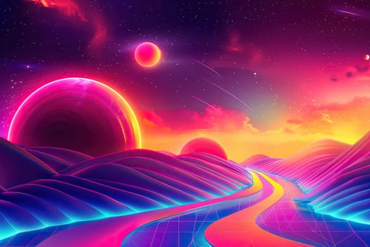 Retro Futuristic landscape from another planet with neon sunset, grid, mountains in 80s style.