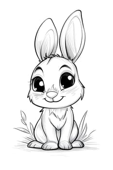 A monochromatic cartoon illustration of a baby rabbit with fur, nose, eyes, ears, and cute paws sitting in the grass, showcasing its adorable features as a small organism