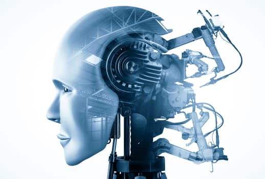 MLP Mechanized industry robot and robotic arms double exposure image. Concept of artificial intelligence for industrial revolution and automation manufacturing process in future factory.
