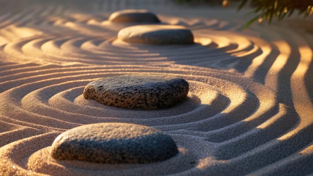 A serene Zen garden at dawn, perfectly raked sand, neatly arranged stones, gentle morning light creating soft shadows, symbolizing tranquility and mindfulness. Resplendent.