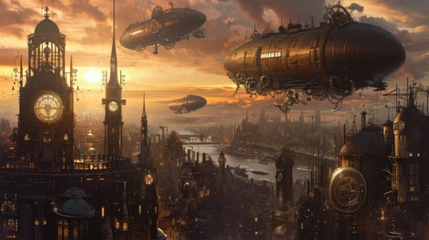 Fantasy steampunk airships float amongst clouds against a dramatic sunset backdrop, evoking adventure and exploration. Resplendent.