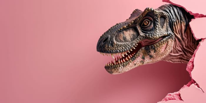 Close up view picture of the hollow pink hole on the the wall that show the t.rex stay inside the wall that has been made from some material yet still can break to look through the other side. AIGX03.