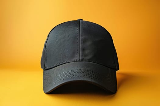 Mockup of a blank black baseball cap for men and women on a yellow background. A uniform.