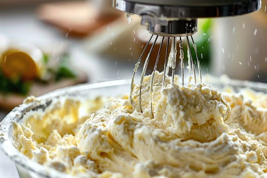 A food processor kneads the dough in a metal bowl. Planetary mixer. Kitchen appliances.