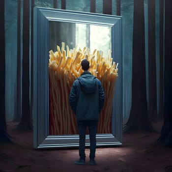 Delicious tasty fries: A man in a black jacket looks out the window in a dark room