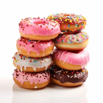 Eight Doughnuts. Photo in Minimal Style. Mixed Frosted Sprinkled Donuts on White Backdrop.