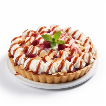Tasty Fruit Pie on White Background. Fruit Tart with Fresh Fruits, Berries, Raspberries, Meringue and Cream.