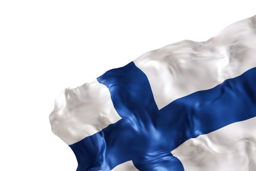 Realistic flag of Finland with folds, isolated on white background. Footer, corner design element. Cut out. Perfect for patriotic themes or national event promotions. Empty, copy space. 3D render