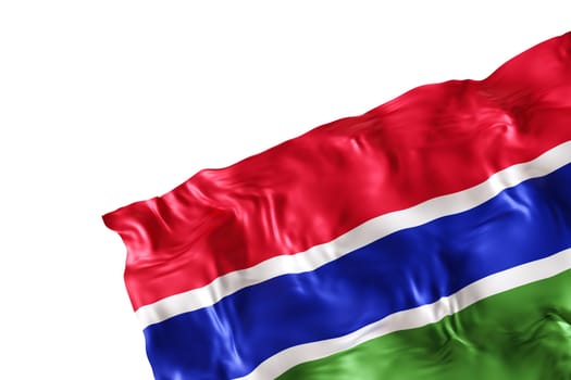 Realistic flag of Gambia with folds, isolated on white background. Footer, corner design element. Cut out. Perfect for patriotic themes or national event promotions. Empty, copy space. 3D render