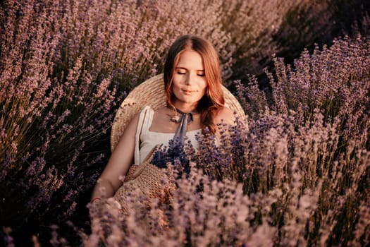 A woman is sitting in a field of lavender flowers. She is wearing a straw hat and holding a basket of flowers. The scene is peaceful and serene, with the woman enjoying the beauty of the flowers