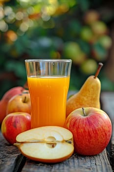 Apple juice on a table in the garden. Selective focus. Food.