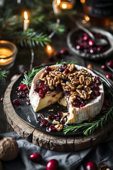 Camembert cheese with jam and nuts. Selective focus. Food.