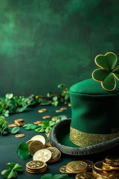 Green background and coins for St. Patrick's Day. Selective focus. Holiday.