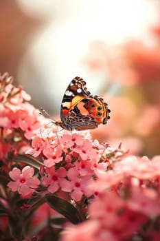 Beautiful butterflies on delicate pink flowers. Nature selective focus. Generative AI,