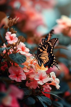 Beautiful butterflies on delicate pink flowers. Nature selective focus. Generative AI,