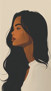 a drawing of a woman with long black hair and a white shirt . High quality