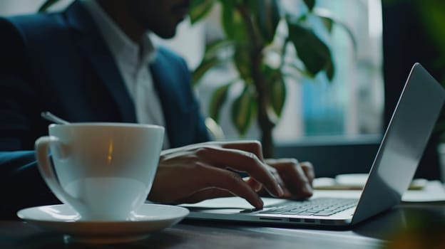 Close up of smart business man hands working on laptop at modern office. Skilled project manager using computer to plan marketing strategy or looking at financial statistic while wearing suit. AIG42.