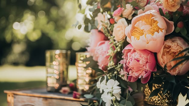 Wedding decoration with peonies, floral decor and event celebration, peony flowers and wedding ceremony in the garden, English country style