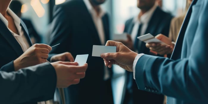 Group of professional multicultural business people hands exchanging name card at meeting. Start up business team working together and giving contract to the other. Corporate networking people. AIG42.