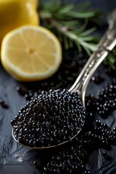 Black caviar and lemon. Selective focus. Food.