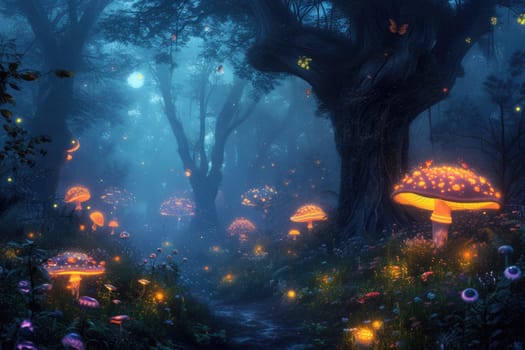 An enchanted forest with magical creatures, glowing plants, ancient trees, a hidden fairy village, mystical ambiance. Resplendent.