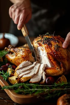 Cutting turkey with a knife on the table. Selective focus. Food.