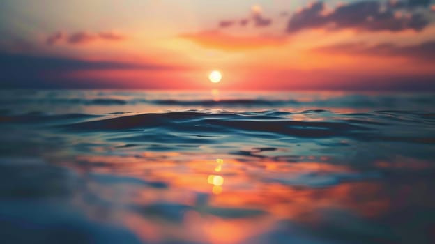 A dreamy, blurry photo capturing the red sky at morning above the ocean. The sun is setting, painting the sky in shades of orange and red, creating a beautiful natural landscape AIG50