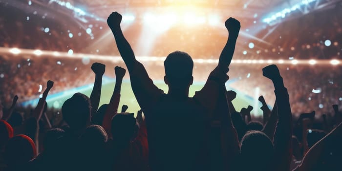 A joyous crowd of fans stands in a stadium, raising their arms in the air, under the morning sky filled with clouds, amidst the lush green grass, rejoicing in nature's embrace! AIG41