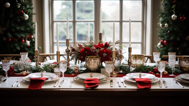 Christmas at the manor, holiday tablescape and dinner table setting, English countryside decoration and festive interior decor