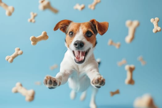 A dog surrounded with floating bone, Dog Biscuits, Professional studio photography.