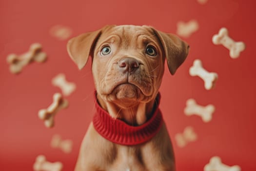 A dog surrounded with floating bone, Dog Biscuits, Professional studio photography.