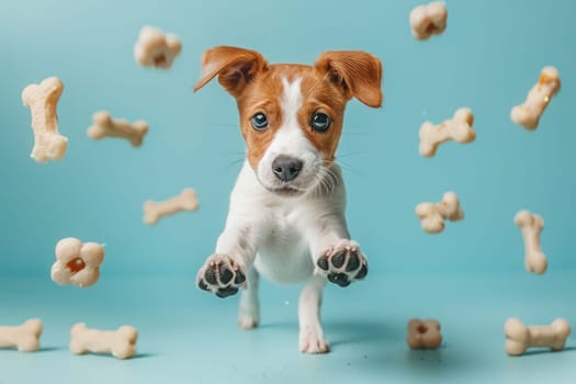 A dog surrounded with floating bone, Dog Biscuits, Professional studio photography.