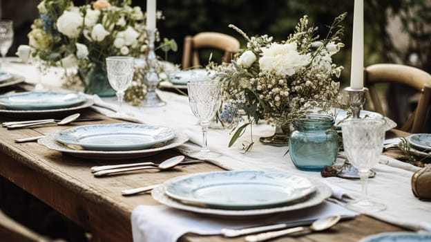 Table decor, holiday tablescape and dinner table setting in countryside garden, formal event decoration for wedding, family celebration, English country and home styling inspiration