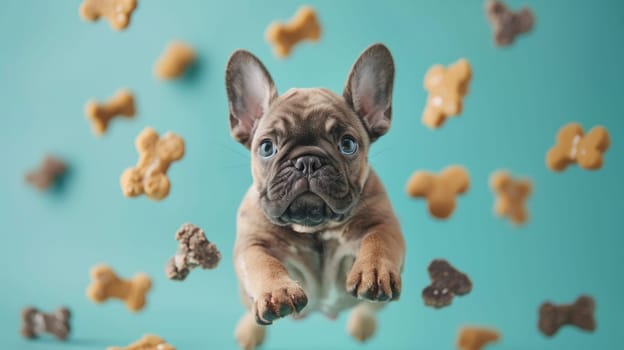 A dog surrounded with floating bone, Dog Biscuits, Professional studio photography.