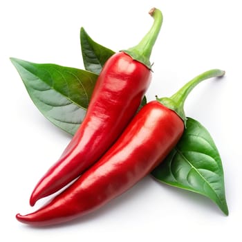 Red chili pepper with leaves, on white background, AI generated illustration.