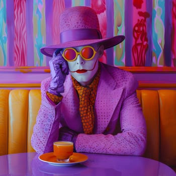 A man in a violet suit and a sun hat sits at a table with a cup of coffee. The Tableware is set up nicely with Serveware. His Costume hat adds a touch of entertainment to the scene