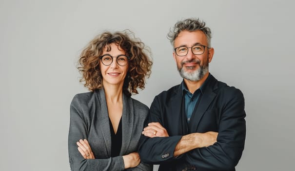 Portrait of two confident business people colleagues standing, woman and man standing together looking at camera on gray background